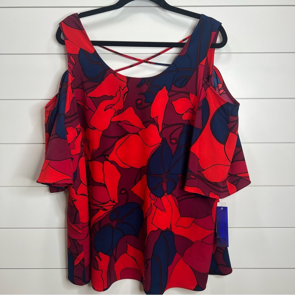 Nygard Merlot Abstract Denim Floral Cold Shoulder Red Blue Blouse. Size 1X. NWT.